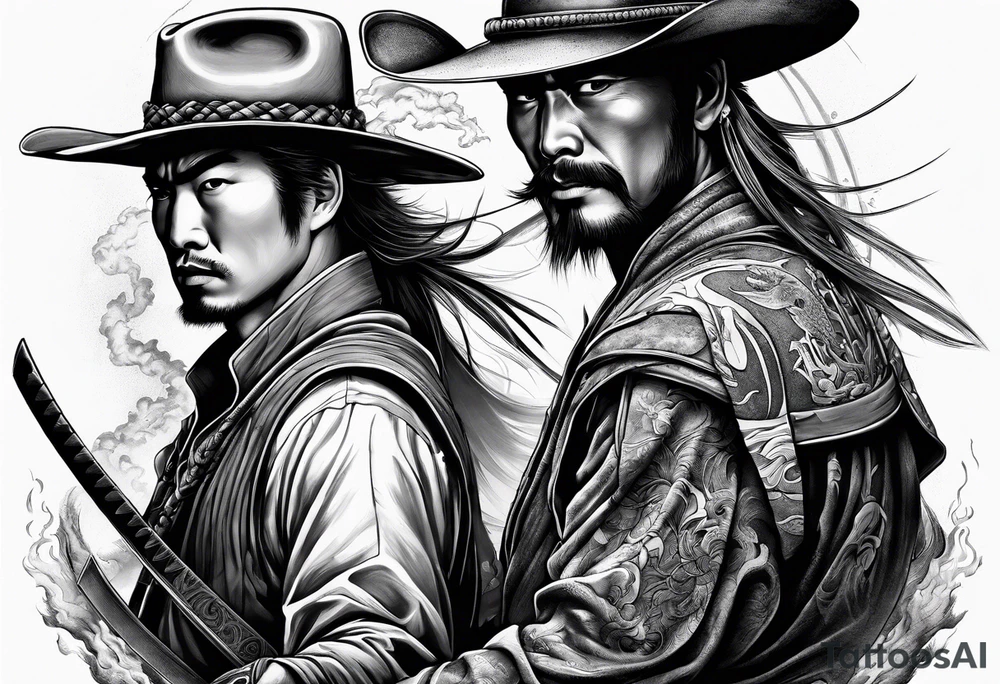 an American cowboy and a japanese samurai fighting each other in battle tattoo idea