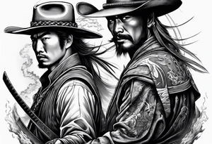 an American cowboy and a japanese samurai fighting each other in battle tattoo idea
