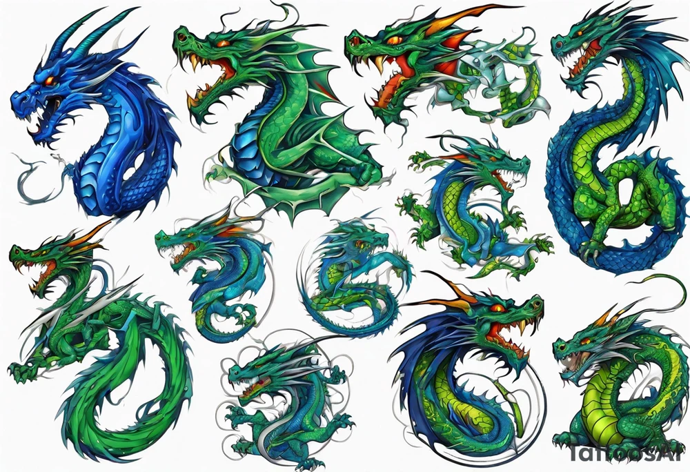 blue dragon tangled with a green dragon tattoo idea