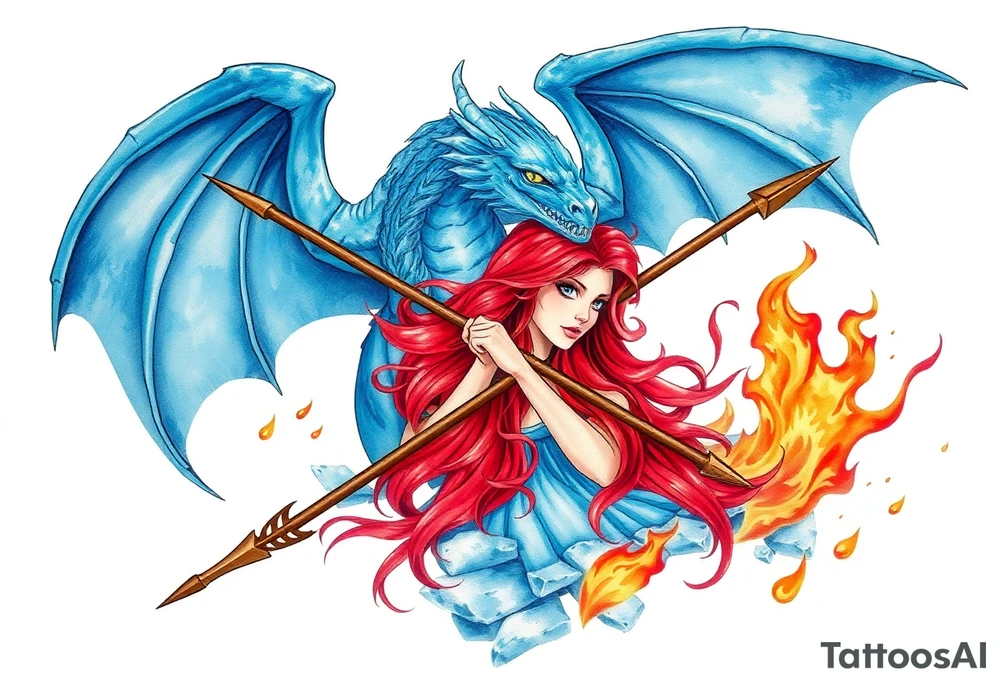 Redheaded girl with a spear through a blue dragon who is breathing fire with wings spread and flying over ice and flames tattoo idea