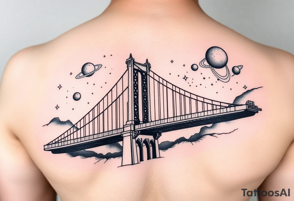 Create a tattoo of the brooklyn bridge 
Have space galaxy in the sky with planets and stars add color tattoo idea