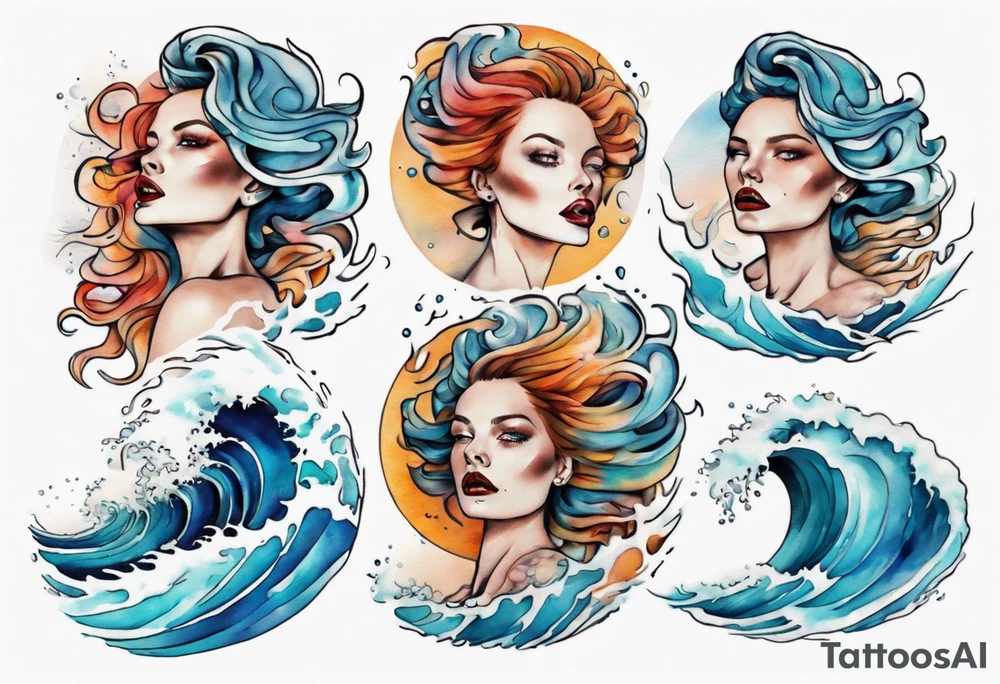 a crashing wave with the face of a woman tattoo idea