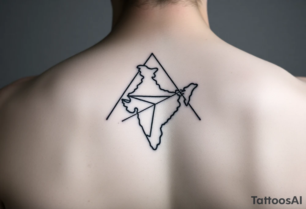 Small geometric triangle with a geometric paper plane in the shape of India with fine thin lines flying to the county of Guyana. tattoo idea