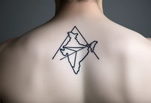 Small geometric triangle with a geometric paper plane in the shape of India with fine thin lines flying to the county of Guyana. tattoo idea