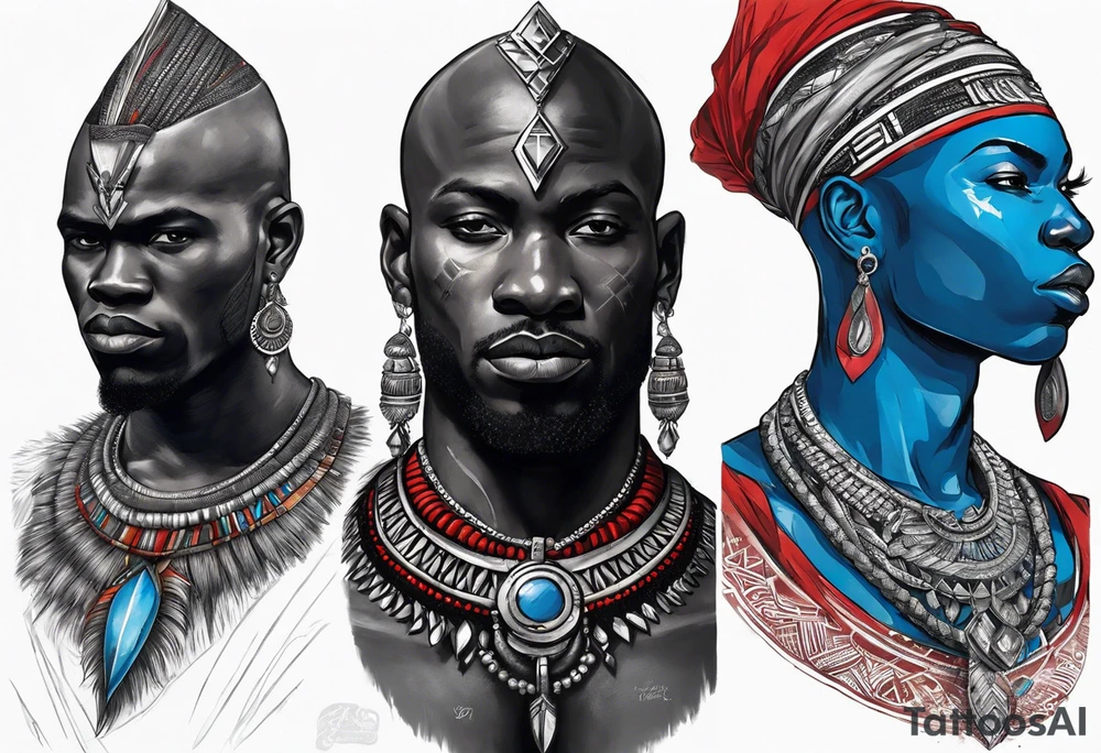 Black-skinned bald african warrior. He wears a simple and small silver crown. He wears two simple necklaces: one blue, other red. tattoo idea
