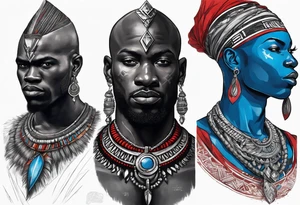 Black-skinned bald african warrior. He wears a simple and small silver crown. He wears two simple necklaces: one blue, other red. tattoo idea