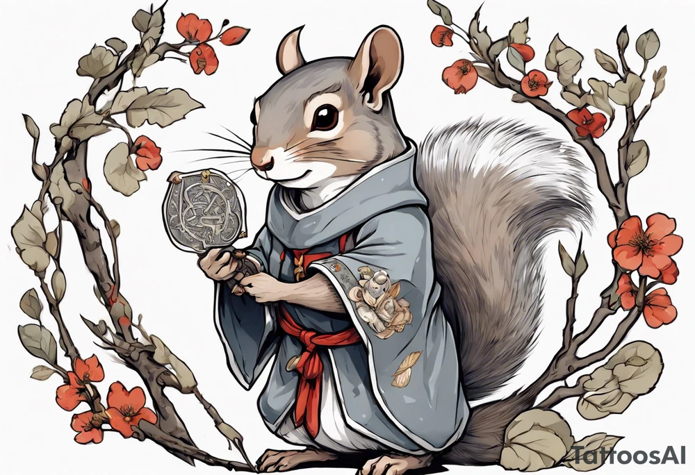 a grey squirrel dressed in a medieval tunic holding a silver branch tattoo idea