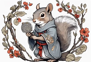 a grey squirrel dressed in a medieval tunic holding a silver branch tattoo idea