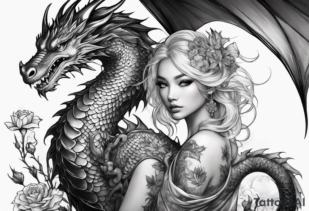 fairy and a dragon in the background tattoo idea