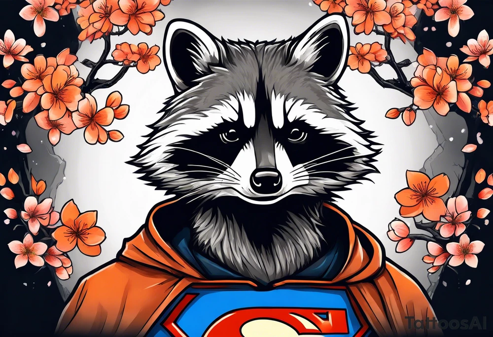 Raccoon wearing a white Superman logo on a black hoodie and orange Japanese cherry blossoms tattoo idea