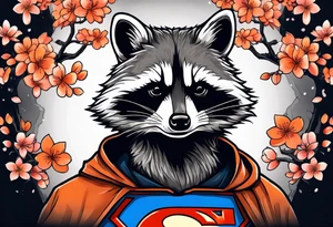 Raccoon wearing a white Superman logo on a black hoodie and orange Japanese cherry blossoms tattoo idea