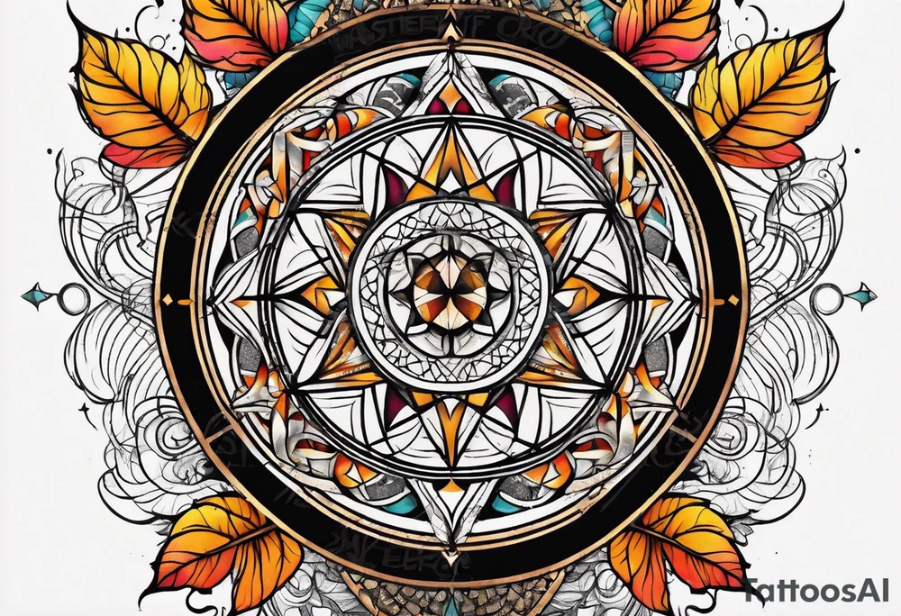 front knee tattoo with sacred geometry, swirls & washes, background and in fall colors tattoo idea