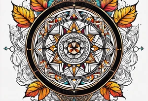 front knee tattoo with sacred geometry, swirls & washes, background and in fall colors tattoo idea