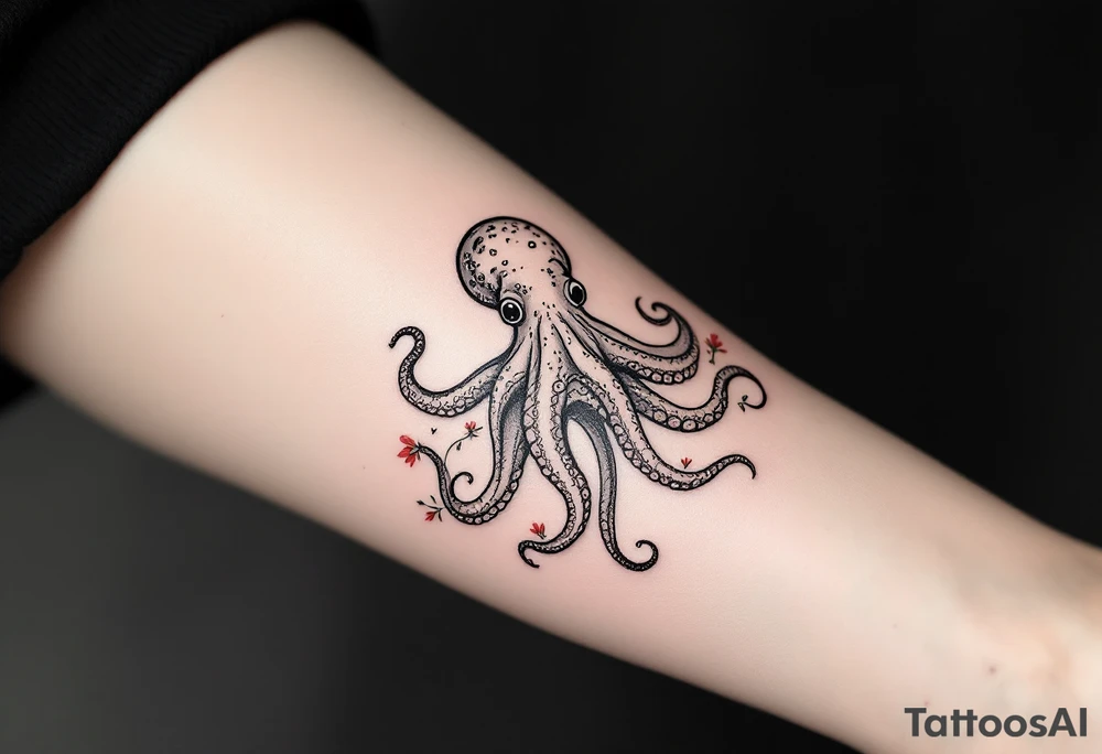 A small realistic black and grey tattoo of an octopus, cute, with detailed shading and soft linework, showing the octopus with swirling tentacles, on light skin. ornamental flowers around with red ink. The style is minimalistic and elegant, resembling fine-line tattoo with a shadow tattoo idea