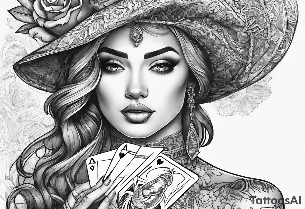 raised woman hand holding cards tattoo idea