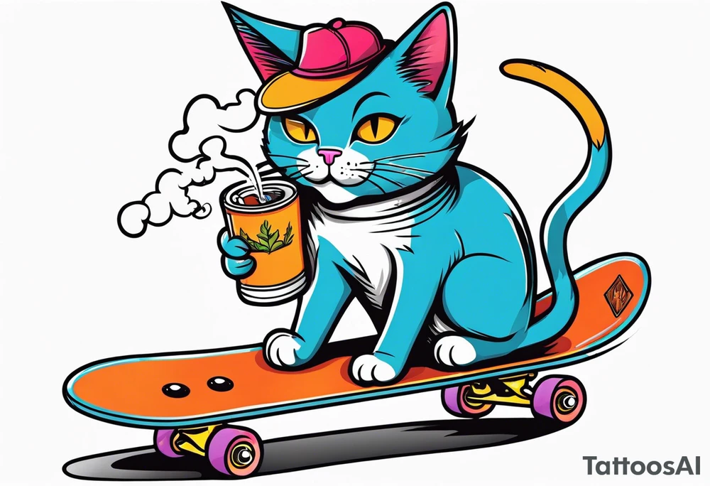 Cat smoking joint while riding marlboro skateboard tattoo idea