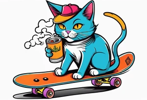 Cat smoking joint while riding marlboro skateboard tattoo idea