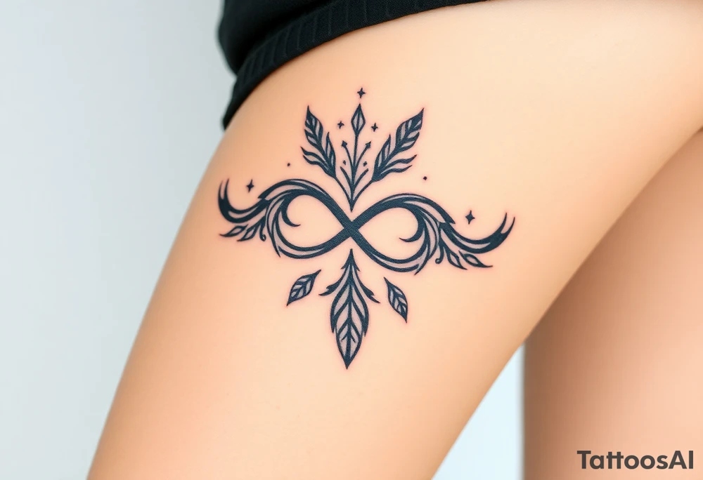 infinity symbol woven with floating feathers and stardust tattoo idea