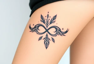 infinity symbol woven with floating feathers and stardust tattoo idea