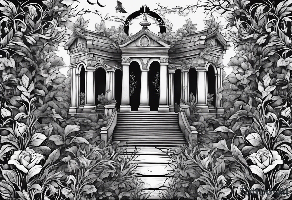 Leafy vines with grave yard tattoo idea