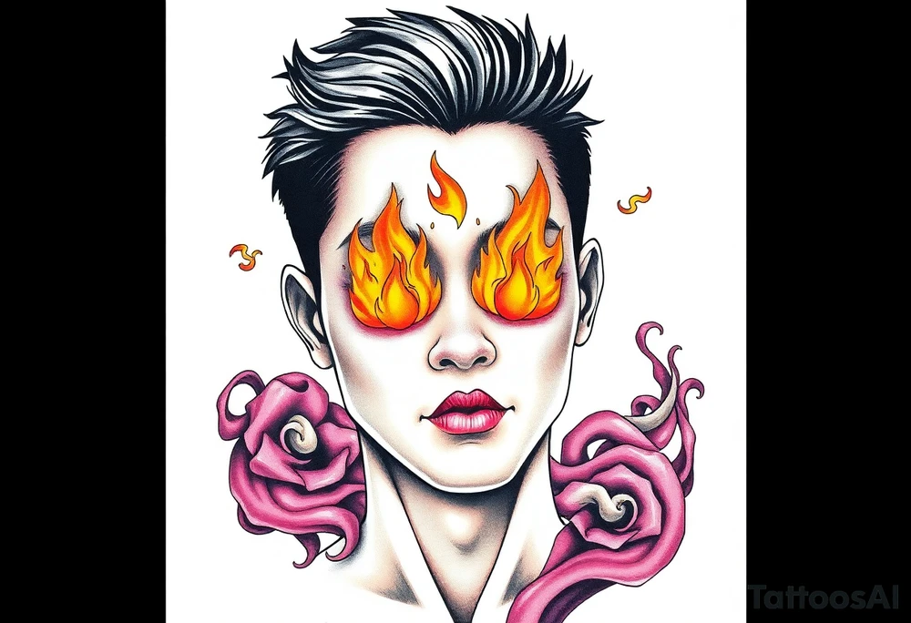 Handsome Asian young guy with flame instead of eyes tattoo idea