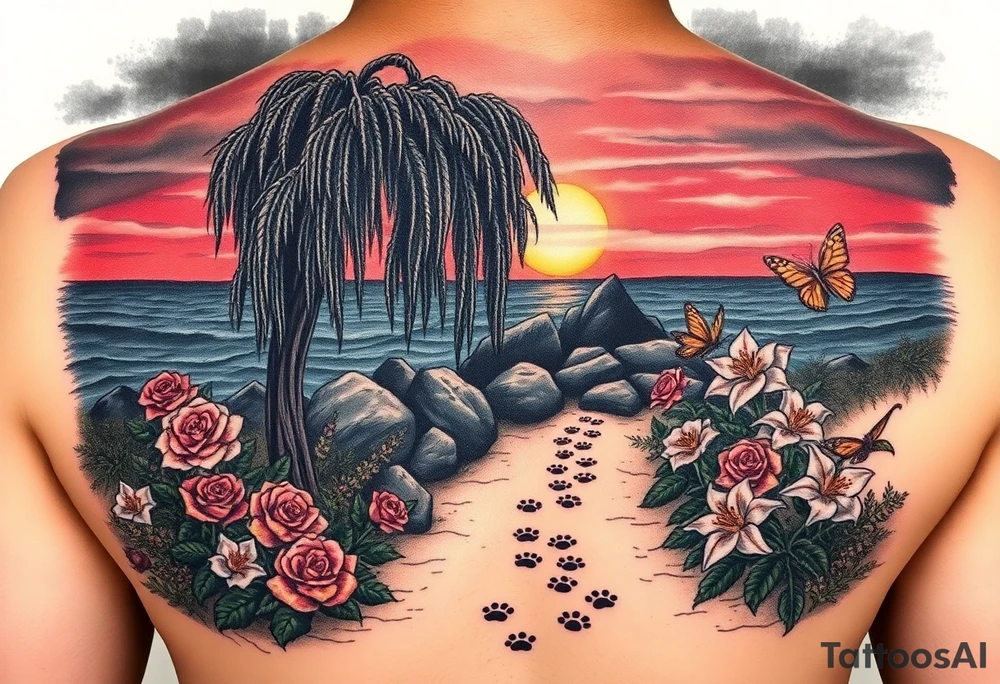 Dark ocean with rocks sunset, weeping willow garden with roses and lilies flower beds. fantasy creatures, fairies, siren, dragonflies, butterflies, cat paw prints path in dirt. tattoo idea