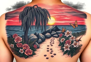 Dark ocean with rocks sunset, weeping willow garden with roses and lilies flower beds. fantasy creatures, fairies, siren, dragonflies, butterflies, cat paw prints path in dirt. tattoo idea