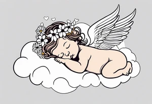 baby renaissance style angel sleeping on cloud, flowers in long hair, ethereal tattoo idea