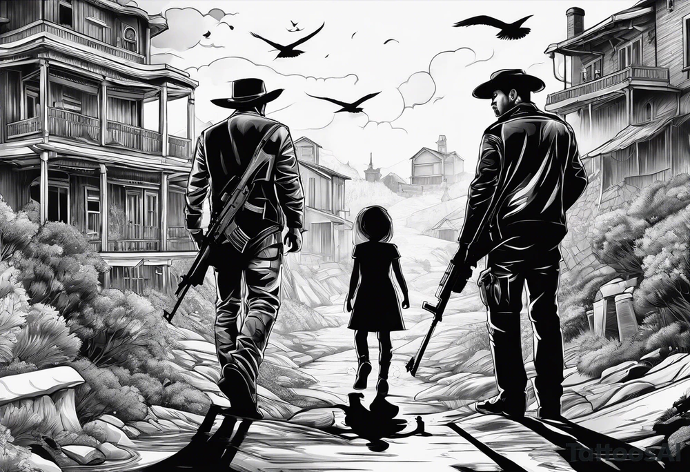 In the reflection of a eye two black siloets of people holding guns one man dead on the ground with a wounded woman standing behind him tattoo idea