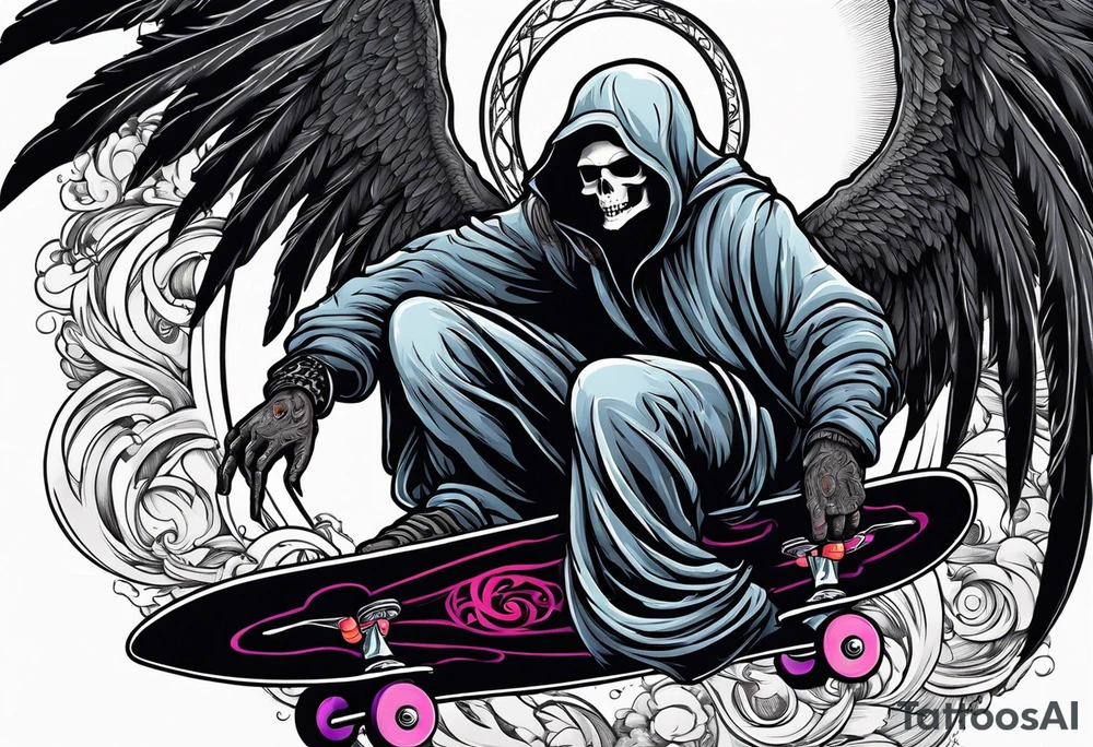the grim reaper riding a skateboard with an angel halo above his head tattoo idea
