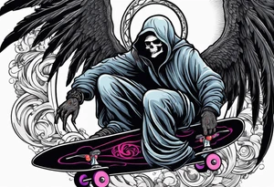 the grim reaper riding a skateboard with an angel halo above his head tattoo idea