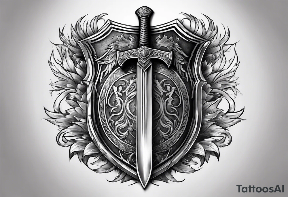 Valhalla sword shield axe mist tattoo idea
