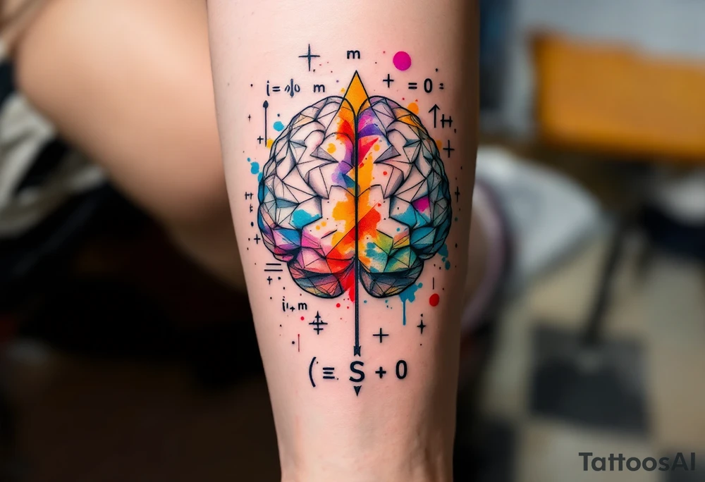 A front-seen brain in geometric and straight lines, math symbols arround. A detailed arrow crosses from below and exit from the top, with its tip desintegrating to represent entropy and watercolor stains. Around of the main tattoo, math and physics formulas fill the space, including the formula "ΔS ≥ 0" and the formula "(iδ + m) Φ = 0" tattoo idea