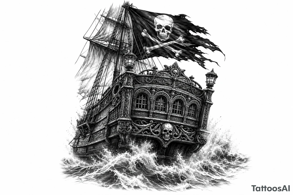 Detailed pirate ship stern, waves crashing over deck, tattered Jolly Roger flag. tattoo idea