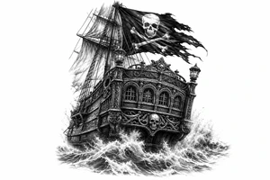 Detailed pirate ship stern, waves crashing over deck, tattered Jolly Roger flag. tattoo idea