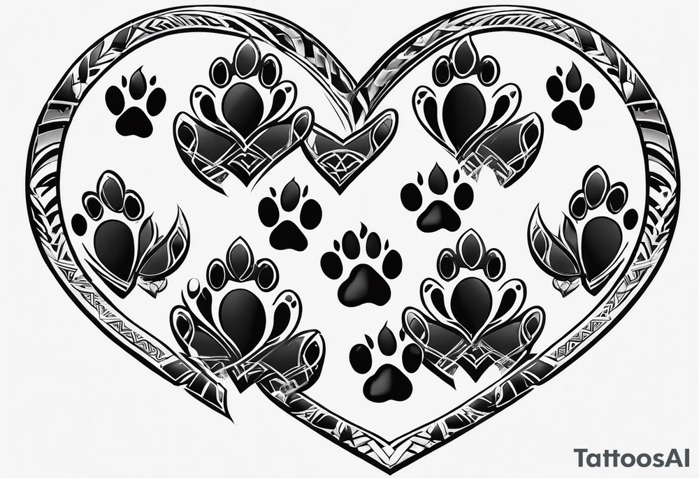 four dog paws with dark background connecting them and individual, disconnected tribal heart above them tattoo idea