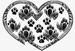 four dog paws with dark background connecting them and individual, disconnected tribal heart above them tattoo idea