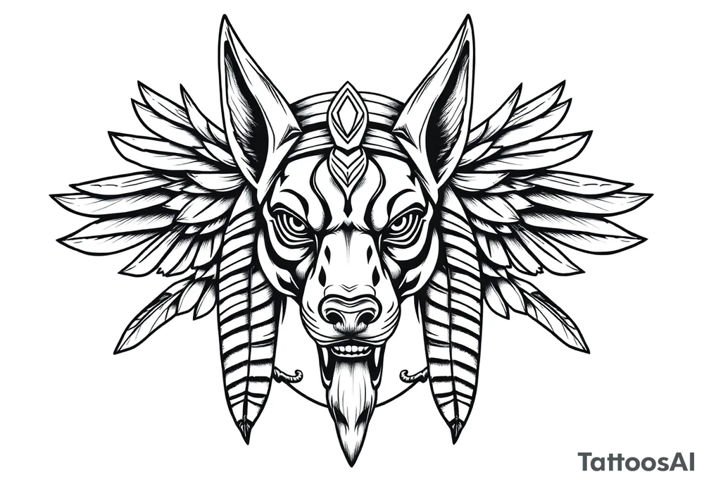 Egyptian Anubis god face muscle in Egypt style  with mantle on head

dog face surrounded Egyptian symbols based on elements tattoo idea