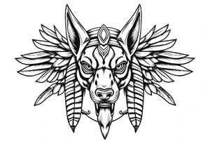 Egyptian Anubis god face muscle in Egypt style  with mantle on head

dog face surrounded Egyptian symbols based on elements tattoo idea