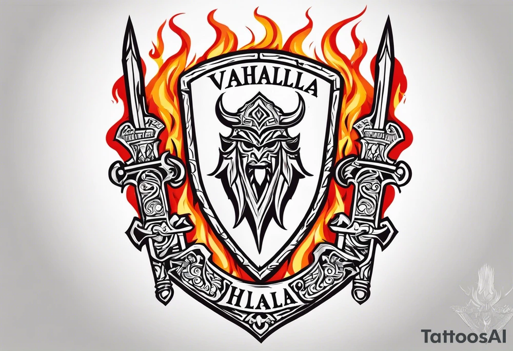 Valhalla on fire shield sword tattoo idea