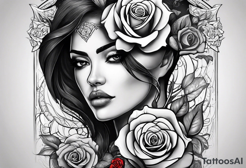 Hispanic/ Latin  woman  with half skull face, roses, loving heART, strength,  cancer zodiac , time heals all tattoo idea