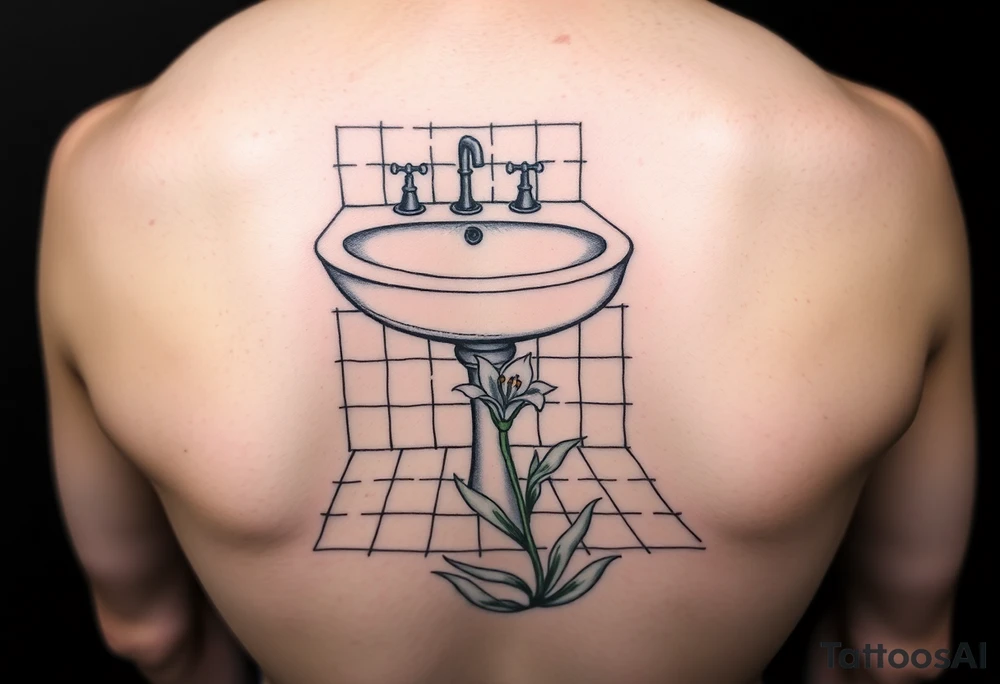 bathroom sink on tile floor with lily coming up out of the floor tattoo idea