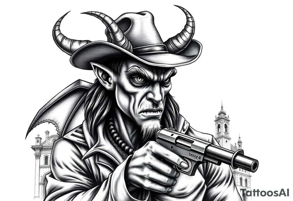 a demon with cowboy-hat ,a gun in a hand, old buildings in the background. tattoo idea