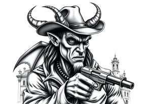 a demon with cowboy-hat ,a gun in a hand, old buildings in the background. tattoo idea