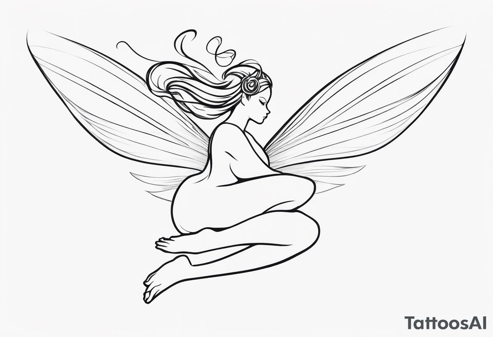 Minimalistic, monochromatic fairy with a tail flying to the left in a fetal position, leaning and looking in the same direction, with visible hands, embodying the 'Fairy Tail' logo aesthetic. tattoo idea