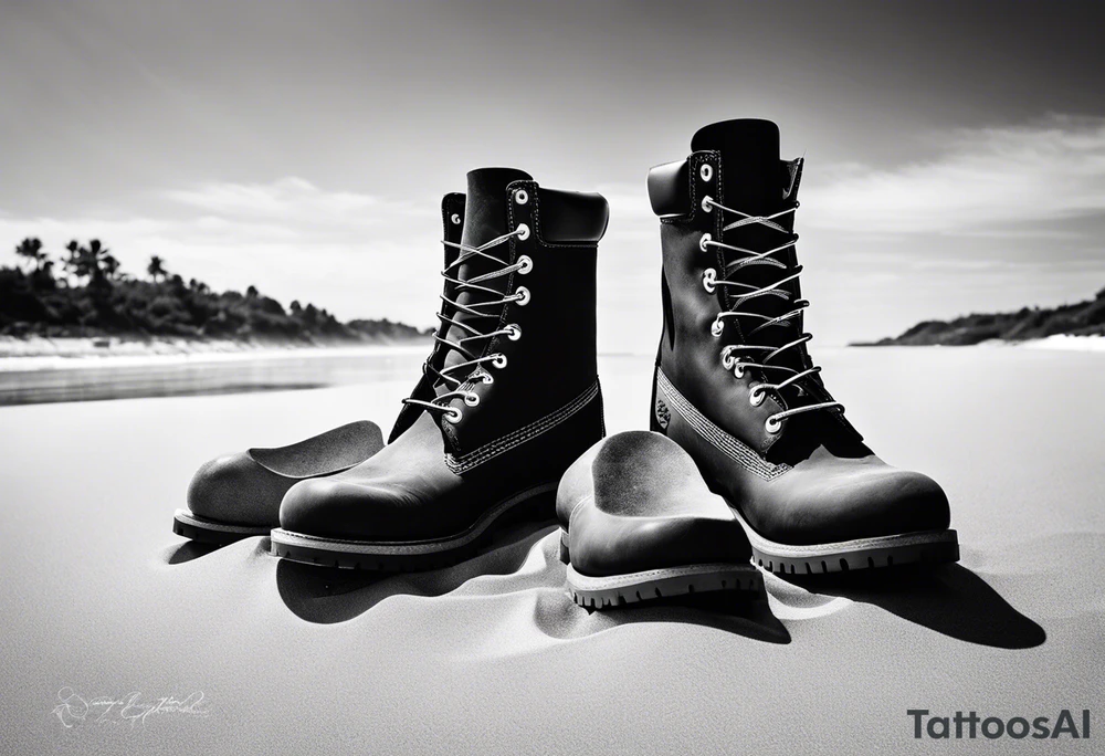 Two flip flops next to a pair of timberland boots on the Beach. ADD a cowboyhat tattoo idea Two flip flops next to a pair of timberland boots on the Beach. ADD a cowboyhat tattoo idea