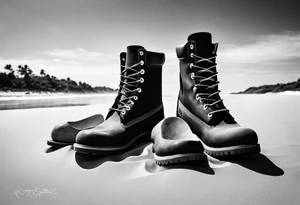 Two flip flops next to a pair of timberland boots on the Beach. ADD a cowboyhat tattoo idea