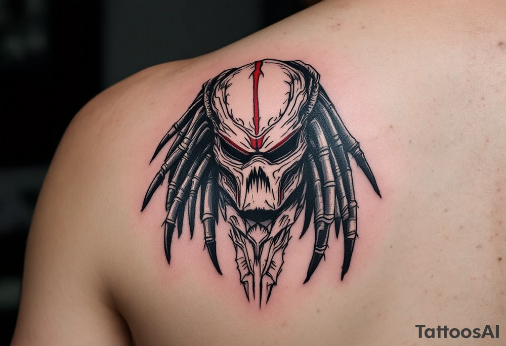 Berserker Predator – The larger, more brutal Yautja variant from Predators (2010), standing taller than traditional hunters with dark reddish-black skin, bone-plated armor, and an angular, menacing bio-mask with a red stripe. tattoo idea
