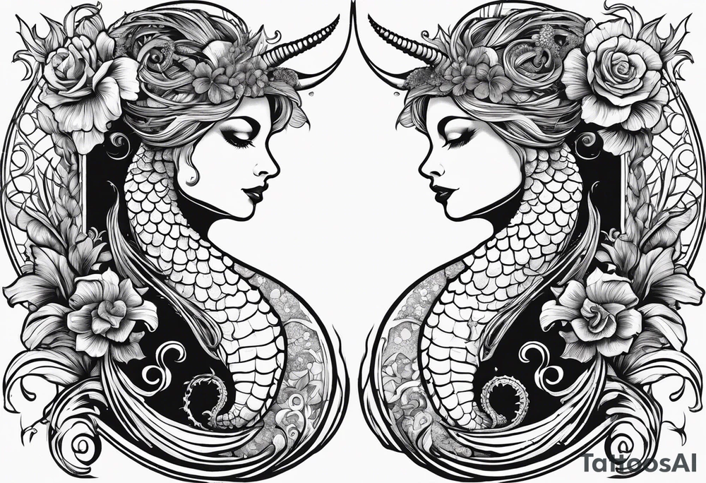 Seahorse side profile big evil and mermaid looking at eachother side profile. Mermaid to show scales and tattooed skin, long hair, horns, crown, trident. Grass reeds and flowers around both tattoo idea