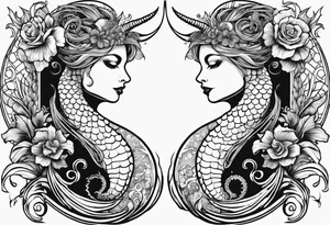 Seahorse side profile big evil and mermaid looking at eachother side profile. Mermaid to show scales and tattooed skin, long hair, horns, crown, trident. Grass reeds and flowers around both tattoo idea